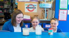 Pupils experimenting with bicarbonate of soda and  lemon juice looking amazed