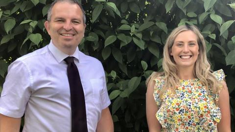 Mr Wright pictured with new teacher Miss Fell